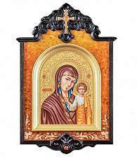 Янтарная икона в киоте «Казанская Божия Матерь»